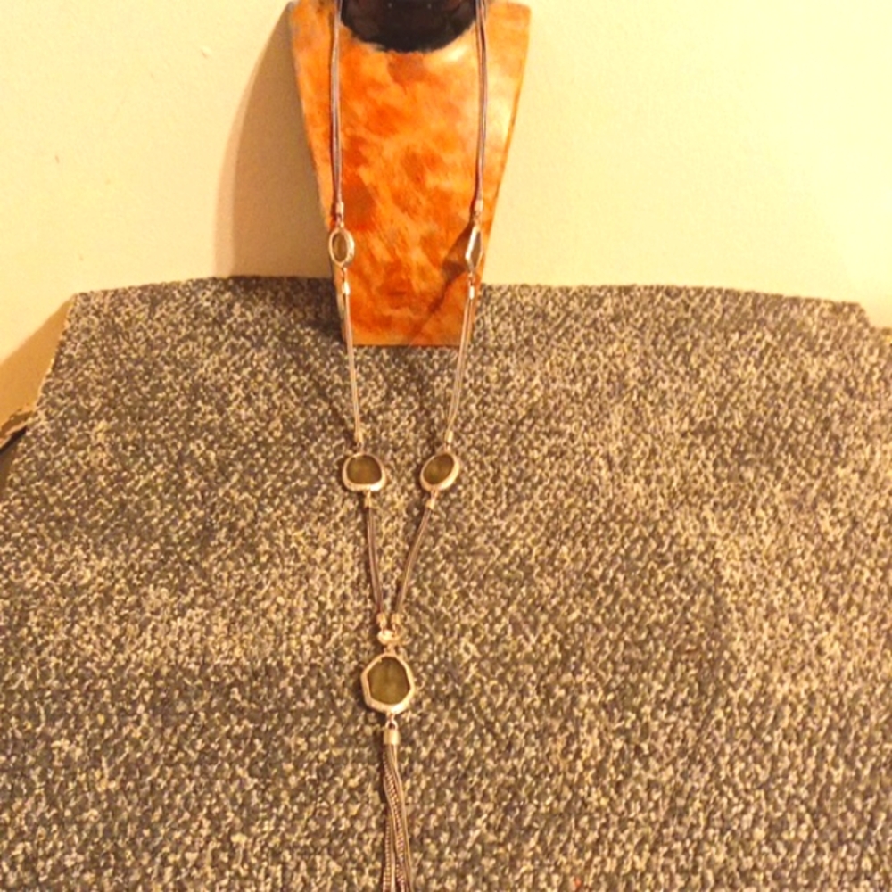 Chico's silver tone long chain and khaki stone necklace